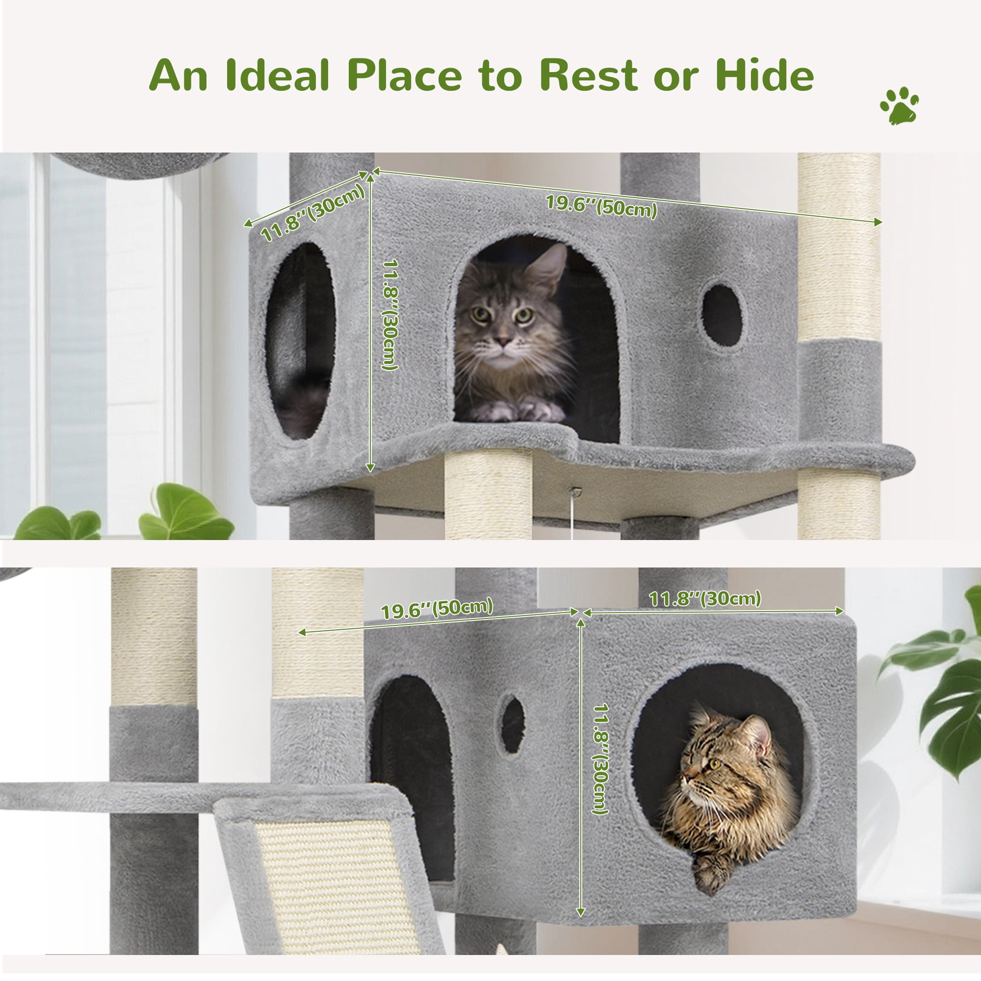 Globlazer 77" Large Cat Tree and Tower Condo for Indoor Cats with Sisal Scratching Posts, Condos, Hammock & Hammock, Light Gray