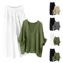 FRSASU Womens 2 Piece Cotton Linen Pants Suit Solid Casual Loose Outfit V Neck Top Shirts Wide Leg Trousers Sets White XL(XL)