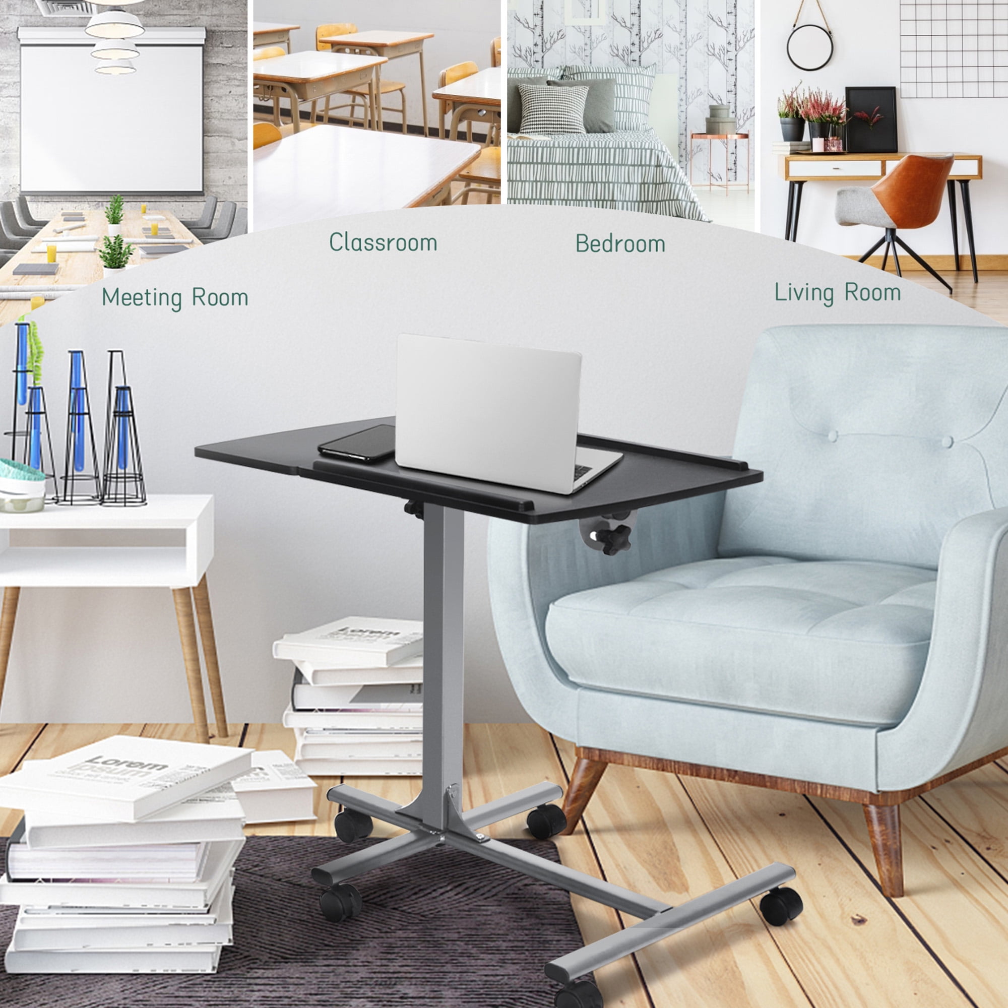 Gymax Mobile Laptop Stand on Wheels Height Adjustable Overbed Sofa Side Table