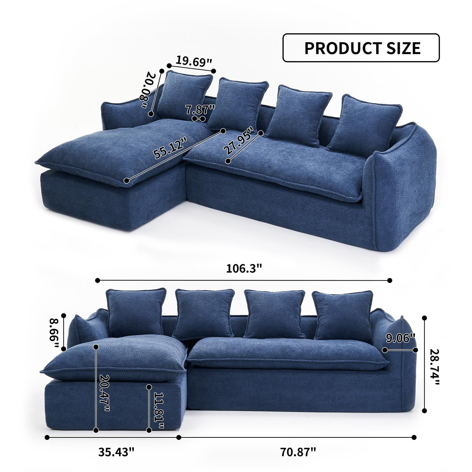 Demi Bonn 106" 3 Seater Compression Sofa for Living Room, Comfy L-Shape Couch with Chaise, Sleeper Sectional Couch for Apartments, Blue