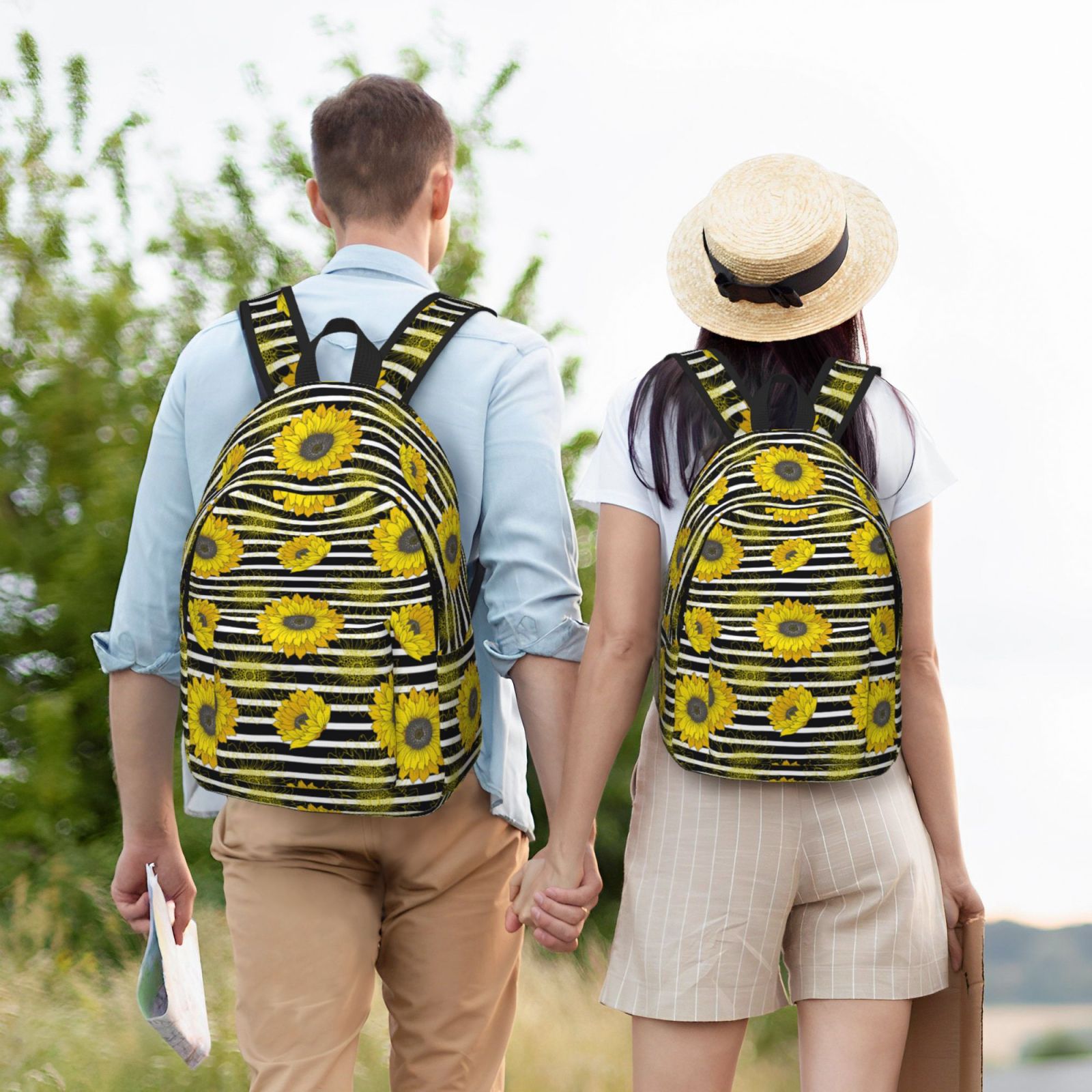 Travel Laptop Backpack - Sunflowers Stripe Lightweight Canvas Backpack, Wear Resistant Computer Backpack Bag Fit {sizeName} Laptop for Men Women with Adjustable Padded Shoulder Straps