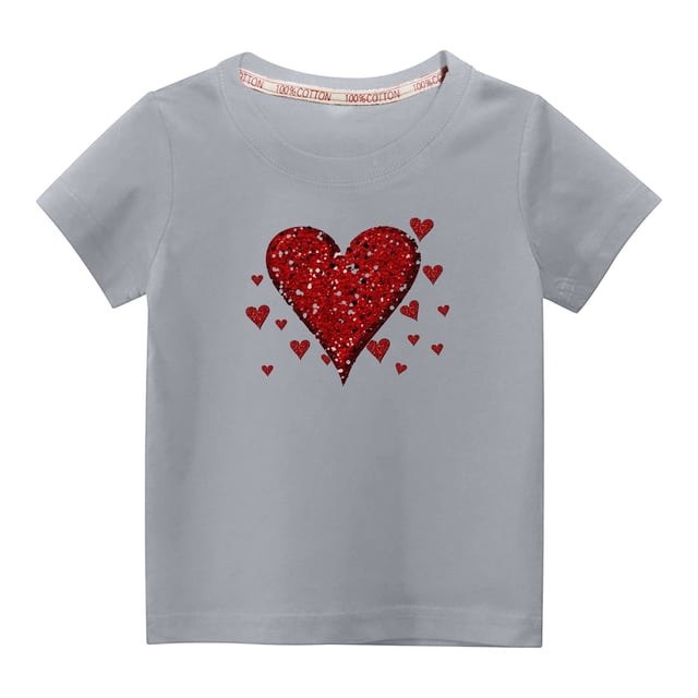 Penkiiy T-shirt en Coton pour Tout-Petits Garçons Filles Mode Mignon Col Rond Imprimé Saint-Valentin Manches Courtes 4-5 Ans Gris