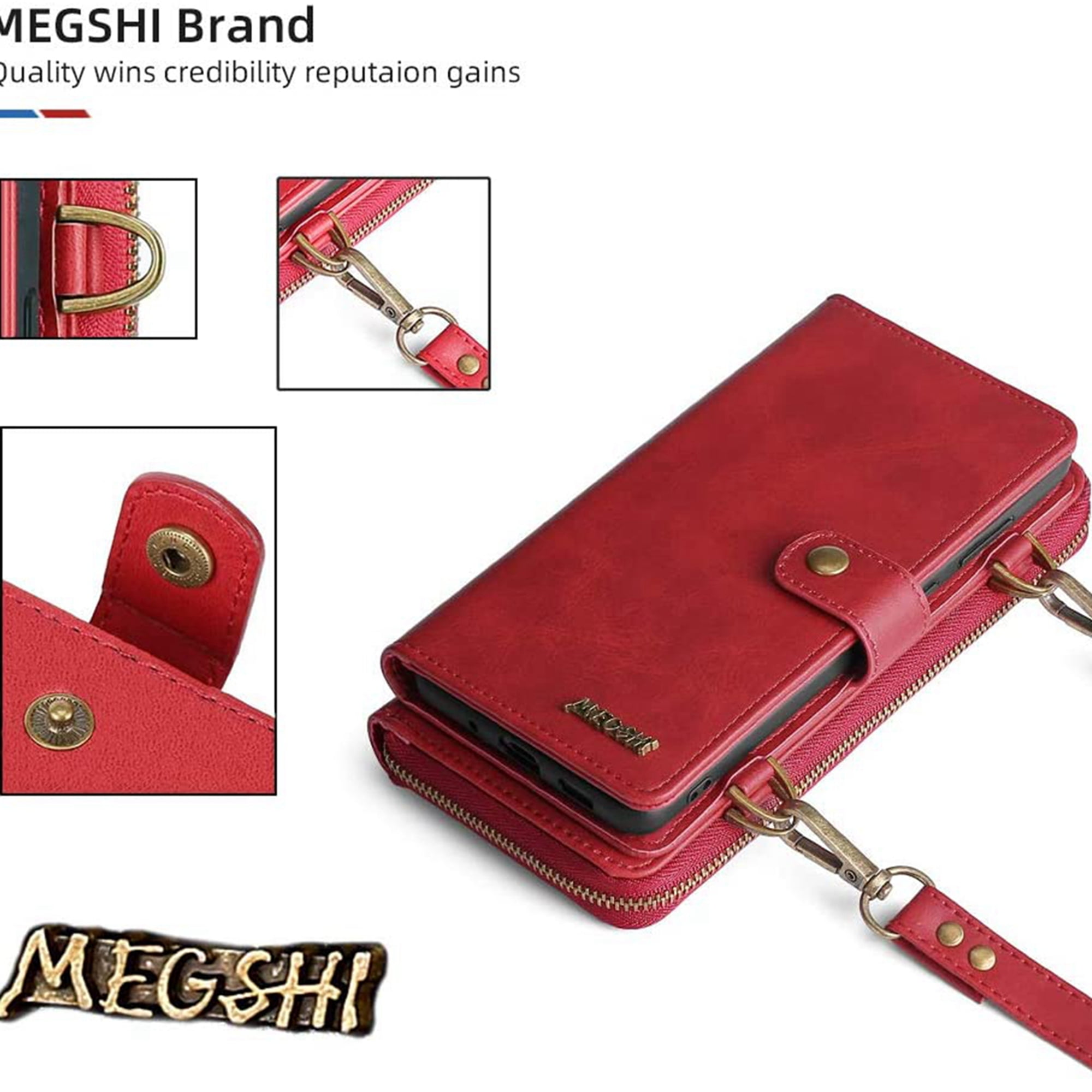 Dteck Wallet Case for iPhone 12 Pro / iPhone 12 6.1-inch, 2 in 1 Magnetic Detachable Wallet Purse [Crossbody Chain] Durable PU Leather Zipper Handbag Folio Flip Card Slot Protection Back Cover, Red
