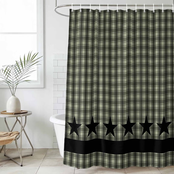 Sage Green Black Plaid Waterproof Fabric Shower Curtain,Vintage Star Buffalo Check Rustic Waterproof Fabric Shower Curtain for Bathroom Curtains Bathtubs Shower Curtains with 12 Hooks Stall 48x72in