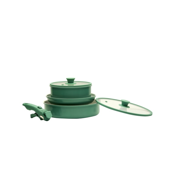 6piece Stackable Cookware Set Green Lily with Removeable Handle