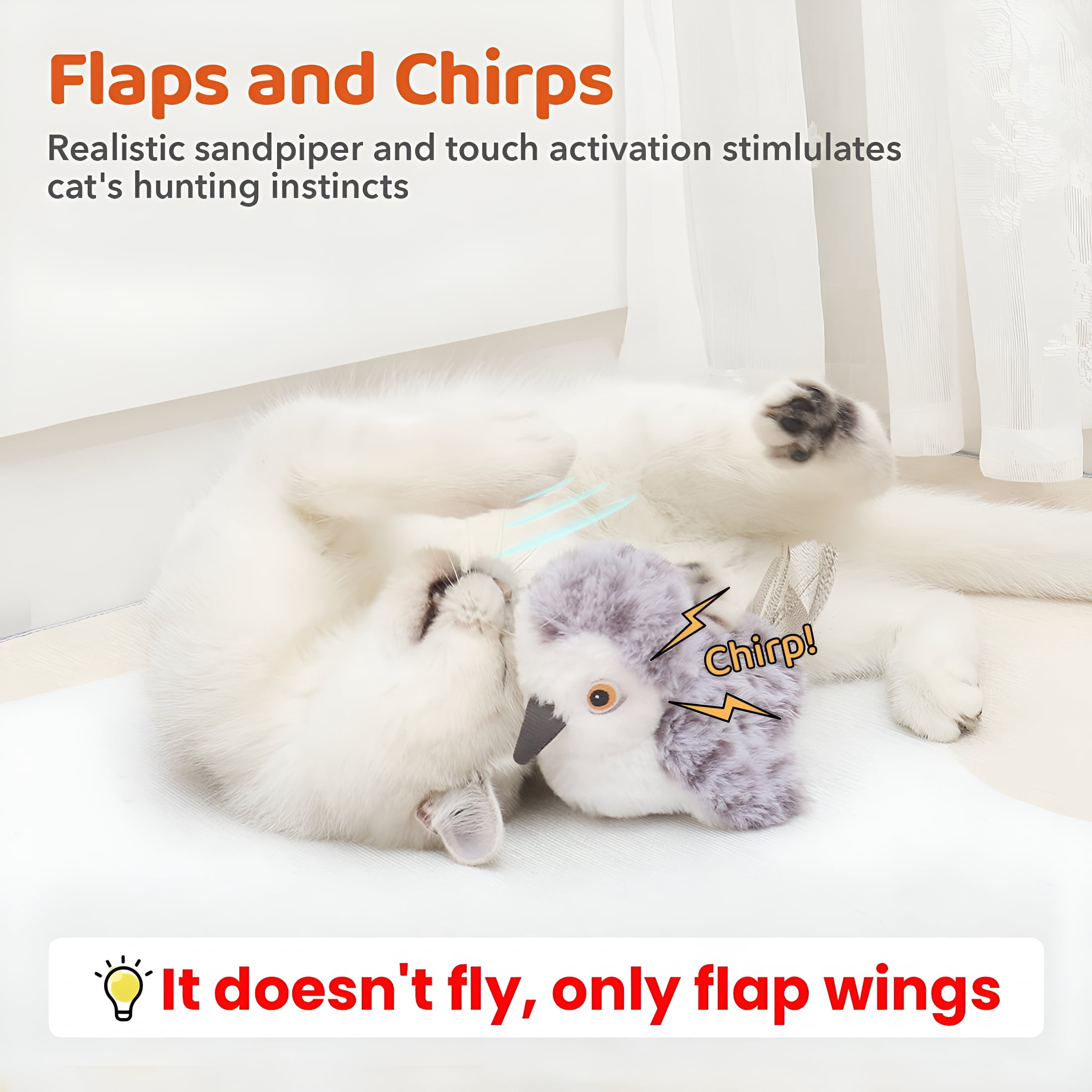 BESTSKY Cat Toys Flapping Bird (No Flying), Lifelike Sandpiper Chirp Tweet, Rechargeable Touch Activated Kitten Toy Interactive Cat Exercise Toys for All Breeds Cat Kicker Catnip Toys