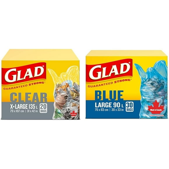 ERDS-Clear Garbage Bags - Extra-Large 135 Litres - 20 Trash Bags, Made in Canada of Global Components & Blue Recycling Bags - Large 90 Litres - 30 Trash Bags, Made in Canada of Global Components