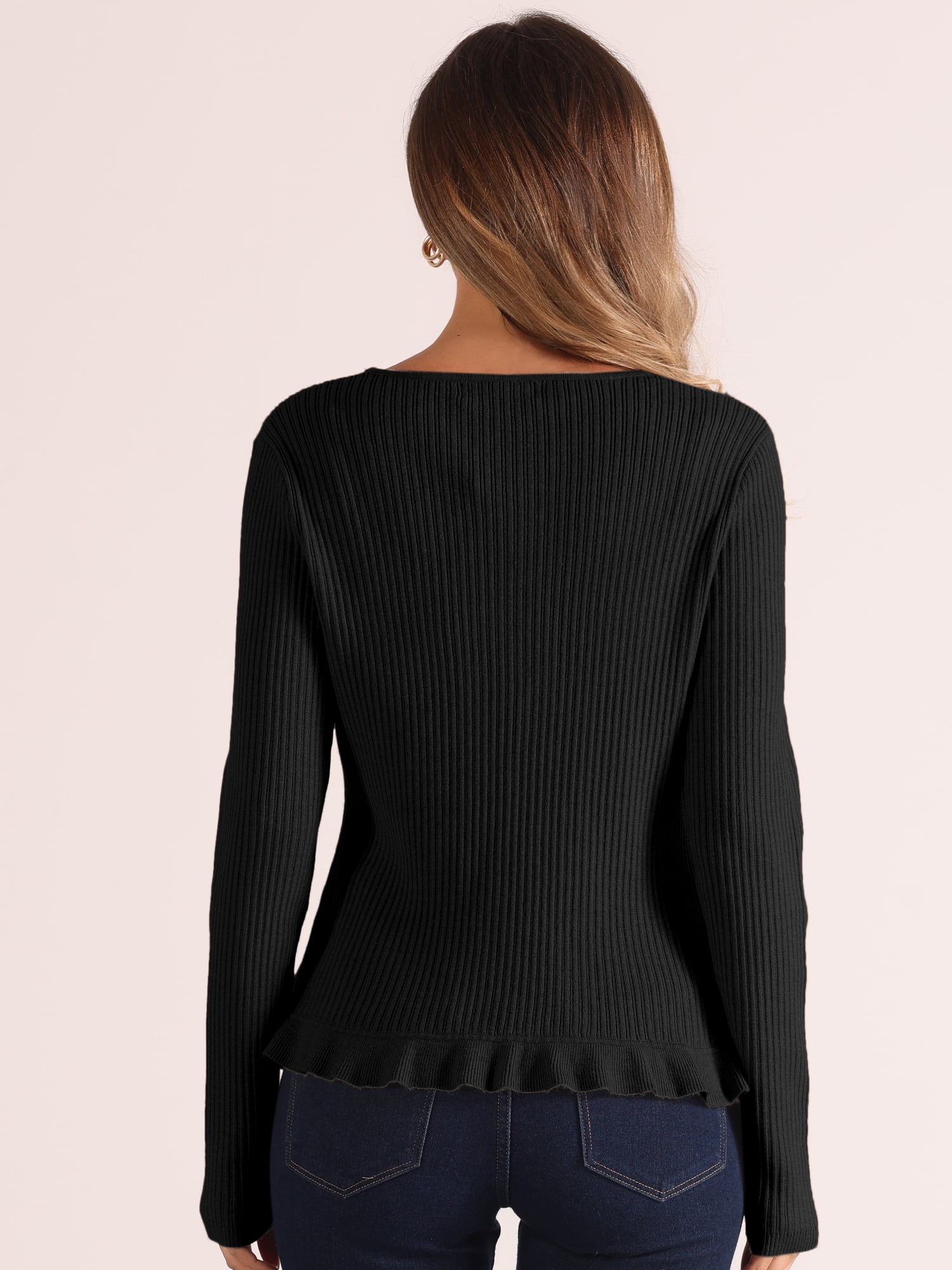 DARING DIVA Women's Ruffle Cardigan V Neck Long Sleeve Open Front Knit Bolero Shrugs L Black