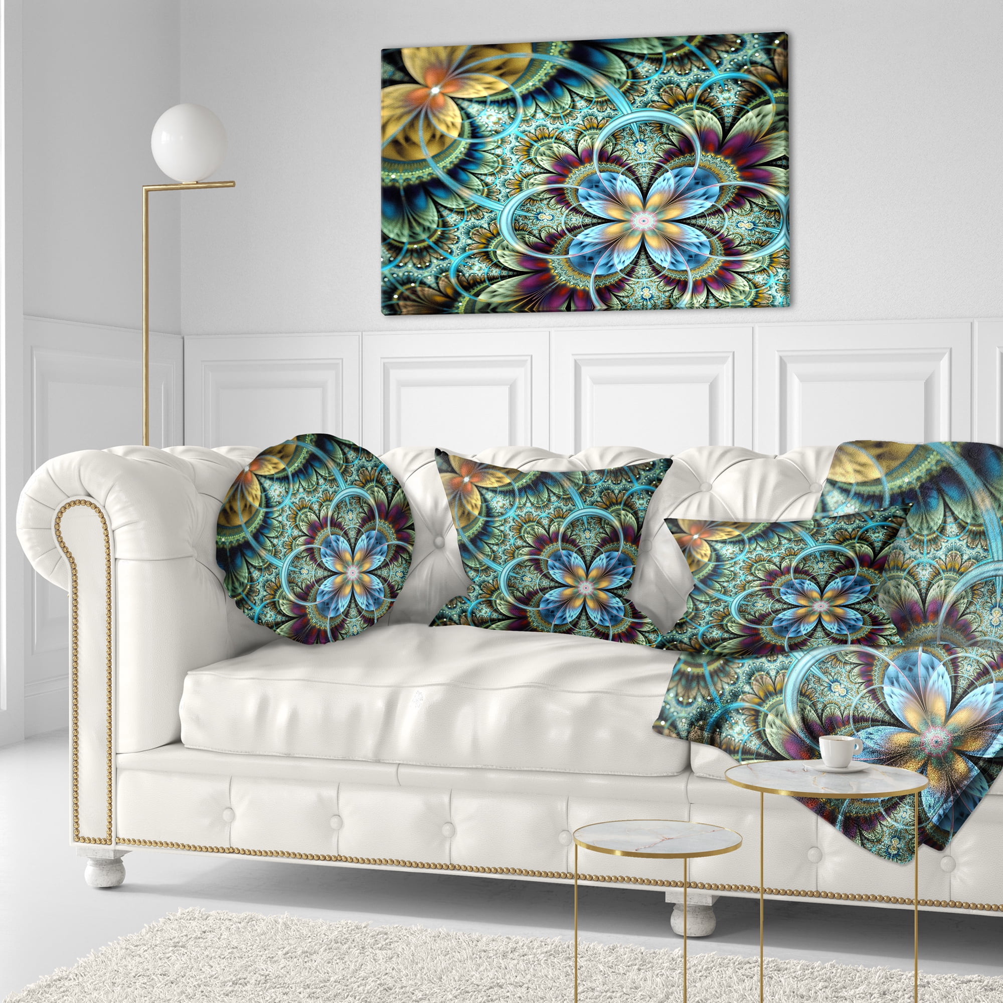 Designart Fractal Dark Orange Blue Flowers - Floral Throw Pillow - 12x20