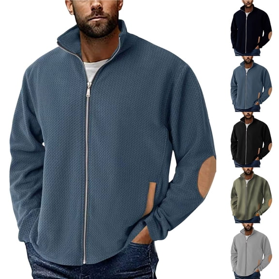 RYDCOT Men's Lightweight Fleece Jacket Water Ripple Jacquard Full Zip Stand Collar Casual Stylish Bomber Jacket Varsity Coat Fall Winter Warm Windbreaker Sky Blue