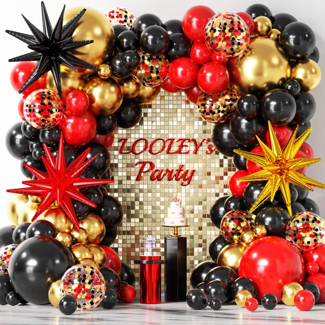 Juego de globos de fiesta con forma de guirnalda LOOLEY, rojo, negro y dorado, 137 unidades