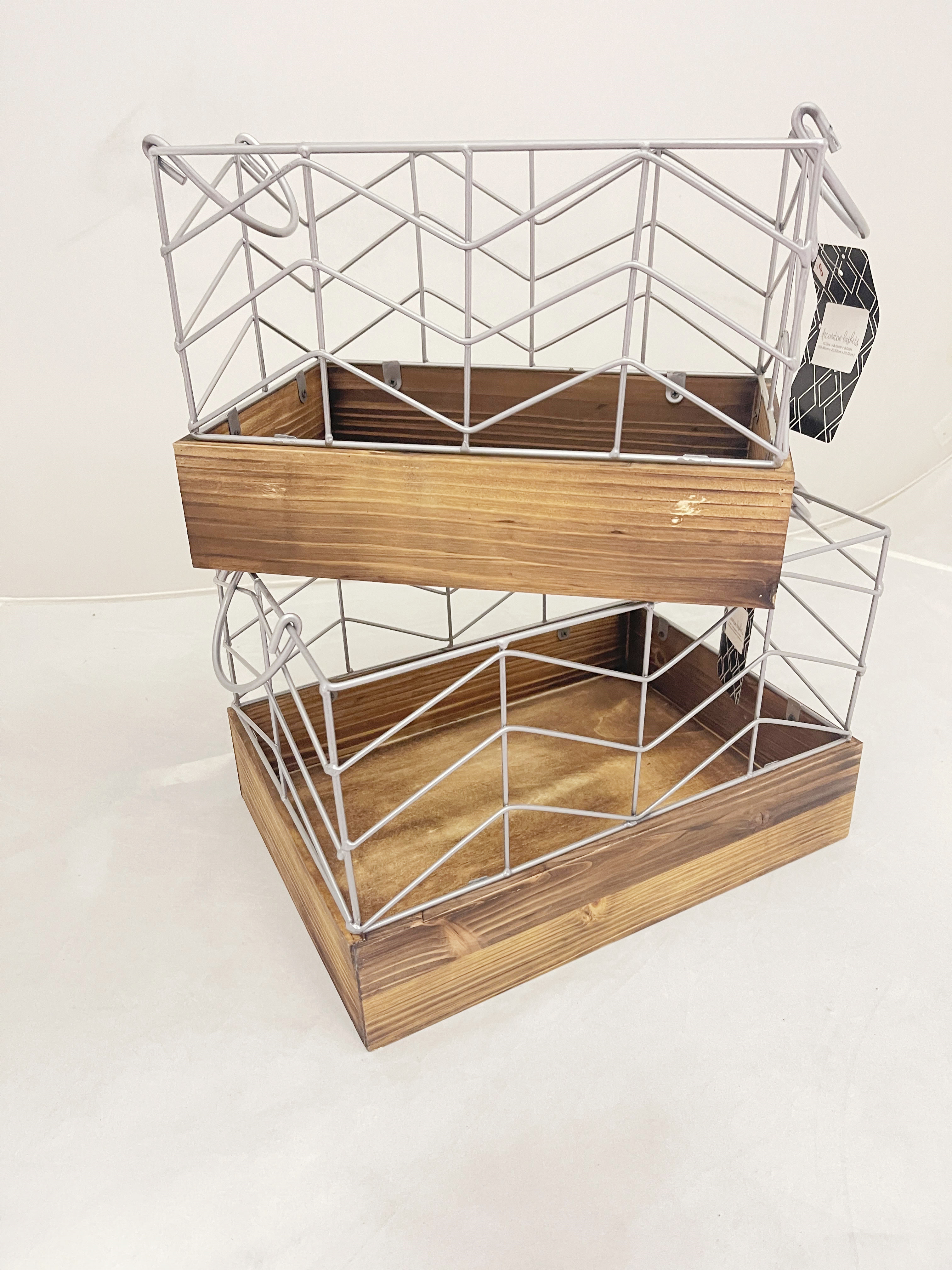 Set of 2 Small Wire Baskets, Wood base Storage Bin, Farmhouse Rectangle