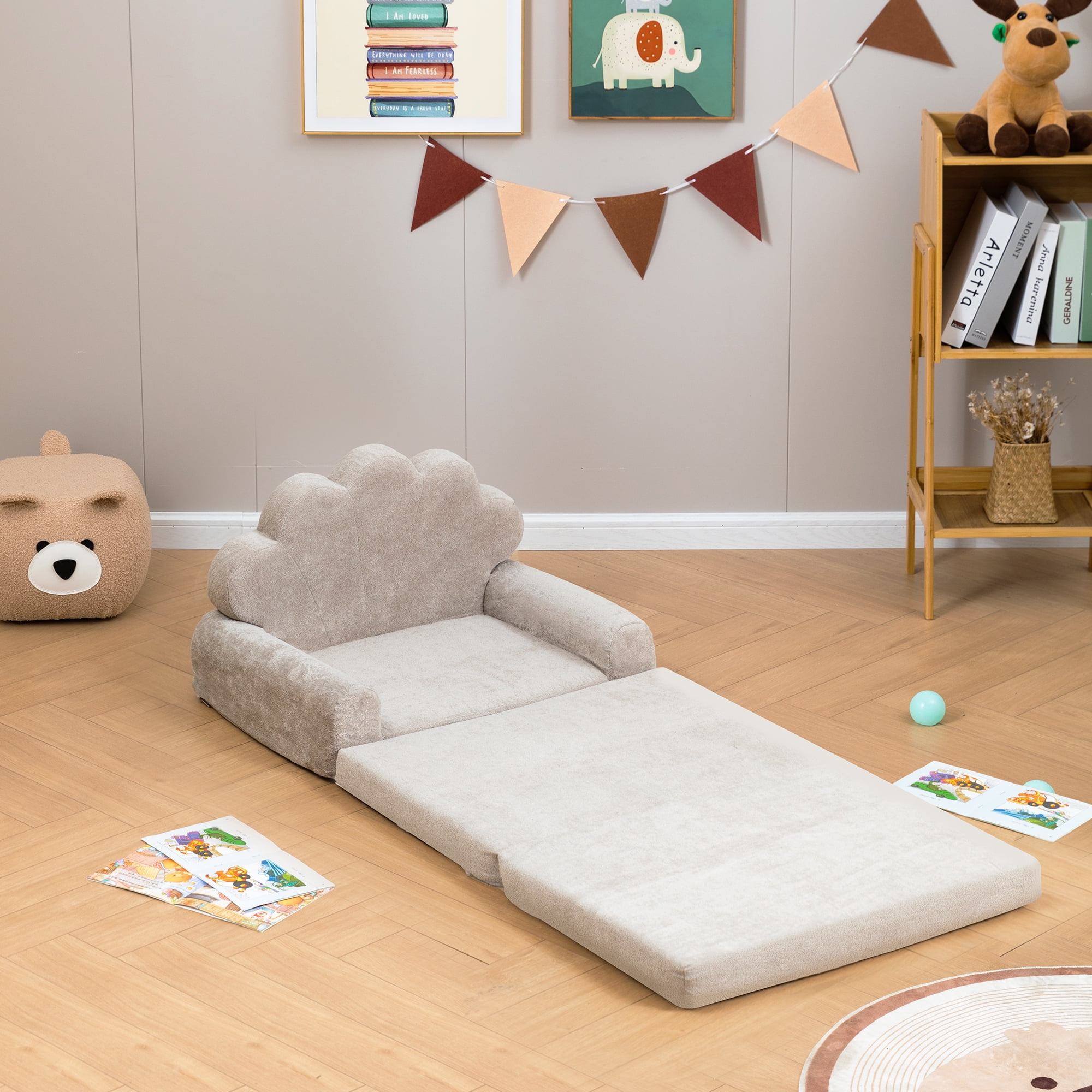 spanspace Toddler Couch, 2-in-1 Soft Sherpa Toddler Couch Fold Out, Toddler Chair Comfy, Convertible Sofa to Lounger with Cute Shell Designs, Grey