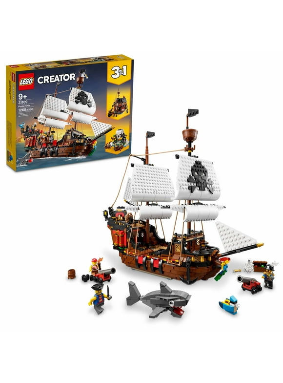 LEGO Creator 3 in 1 Pirate Ship Building Set, Kids can Rebuild the Pirate Ship into an Inn or Skull Island, Features 4 Minifigures and Shark Toy, Makes a Great Gift for Kids Ages 9+ Years Old, 31109