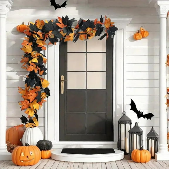 Guvpev 2Pcs Halloween Garland Fall Decorations, Artificial Silk Autumn Maple Leaf Garland with Pumpkins & Spider, Halloween Pumpkin Garland for Front Porch Decor, Mantel, Table, Halloween Decorations