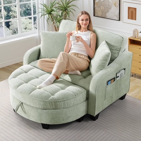 MOONMISS Oversized Chair and A Half, Chenille Tufting Accent Cozy Reading Sofa Chair with Storage Ottoman, Upholstered Loveseat Chaise Lounge Sofa with Adjustable Back for Living Room,Green