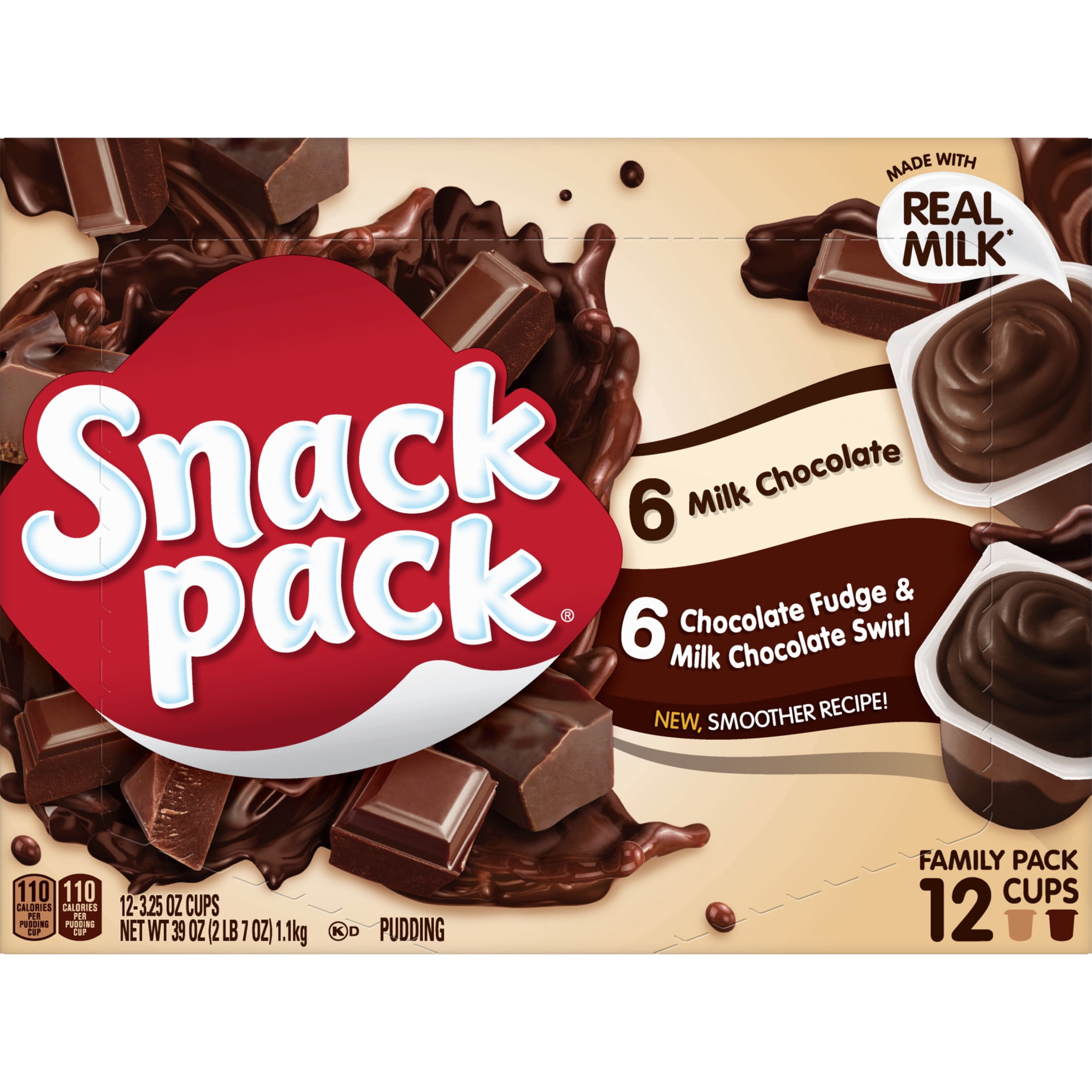 Snack Pack Milk Chocolate and Chocolate Fudge & Milk Chocolate Pudding, 3.25 oz Pudding Cups, 12 Count Family Pack