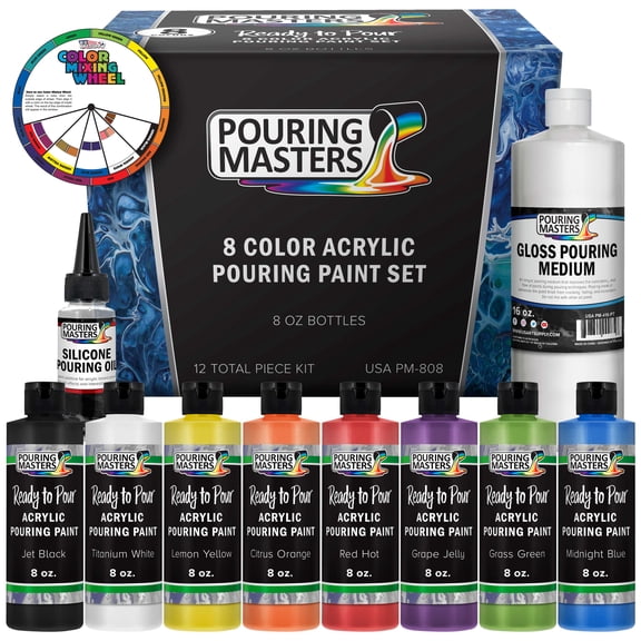 Pouring Masters 8-Color Ready-to-Pour Acrylic Pouring Paint Set, with Silicone Oil & Gloss Medium, 8oz Bottles, Pour Paint Supplies for Canvas & Crafts