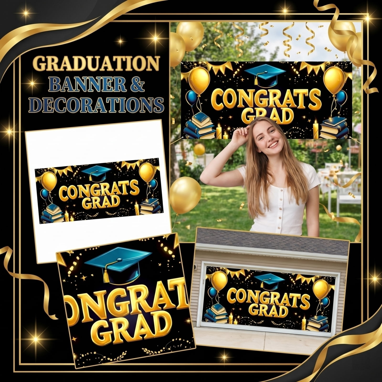 Haiamaoyi Graduation Banner Congrats Grad Large Fabric Backdrop with Balloon Print Graduation Cap and Book Pattern for Party Decorations