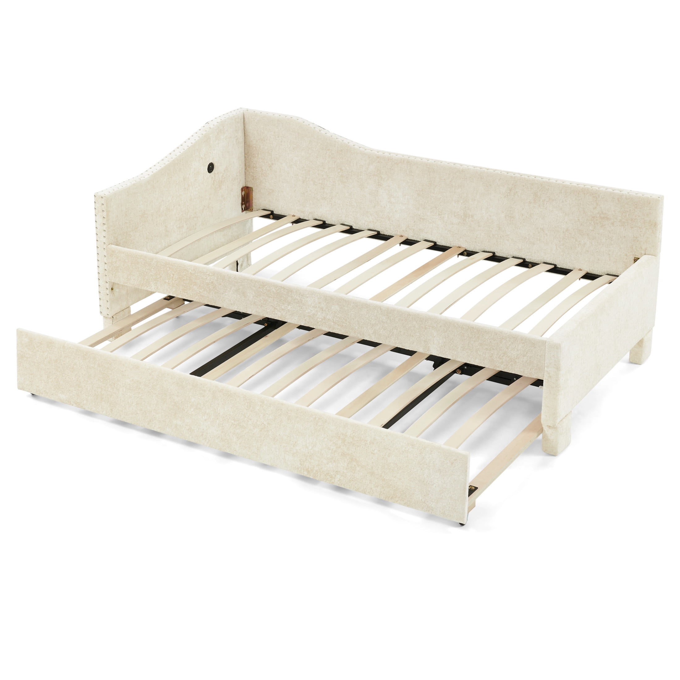 Noble House Phineas Full Size Chenille Padded Daybed, Sofa Bed Frame with Twin Trundle and Charging Port, Beige
