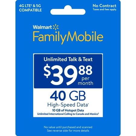 Walmart Family Mobile $39.88 Unlimited Talk & Text Monthly Prepaid Plan (40GB at High Speed, then 2G) with 10GB Mobile Hotspot e-PIN Top Up (Email Delivery)