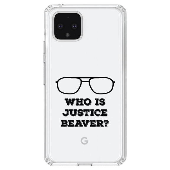 DistinctInk Clear Shockproof Hybrid Case for Google Pixel 4 XL (6.3" Screen) - TPU Bumper Acrylic Back Tempered Glass Screen Protector - Who is Justice Beaver - Dwight Glasses
