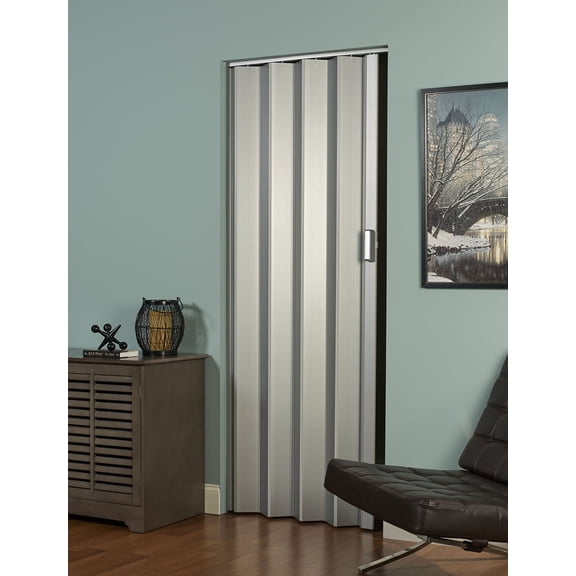 Spectrum Elite 48 in. x 80 in. Vinyl Accordion Folding Closet Door, Retractable Room Divider, Trim to Fit, Reversible, Satin Silver