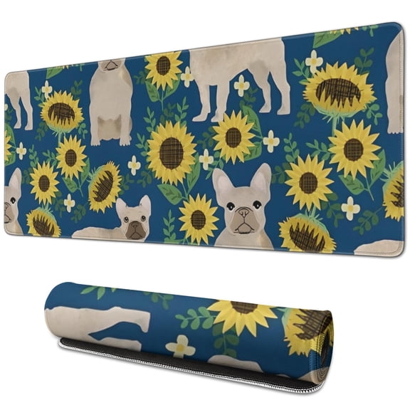 Long Mouse Pads for Desk,French Bulldog Sunflowers Floral Desk Mats on Top Of Desks, Desk Mouse Pad Extra Large with 3mm Non-Slip Base and Stitched Edge for Gaming,Office,Work,Home 31.5"x11.8"