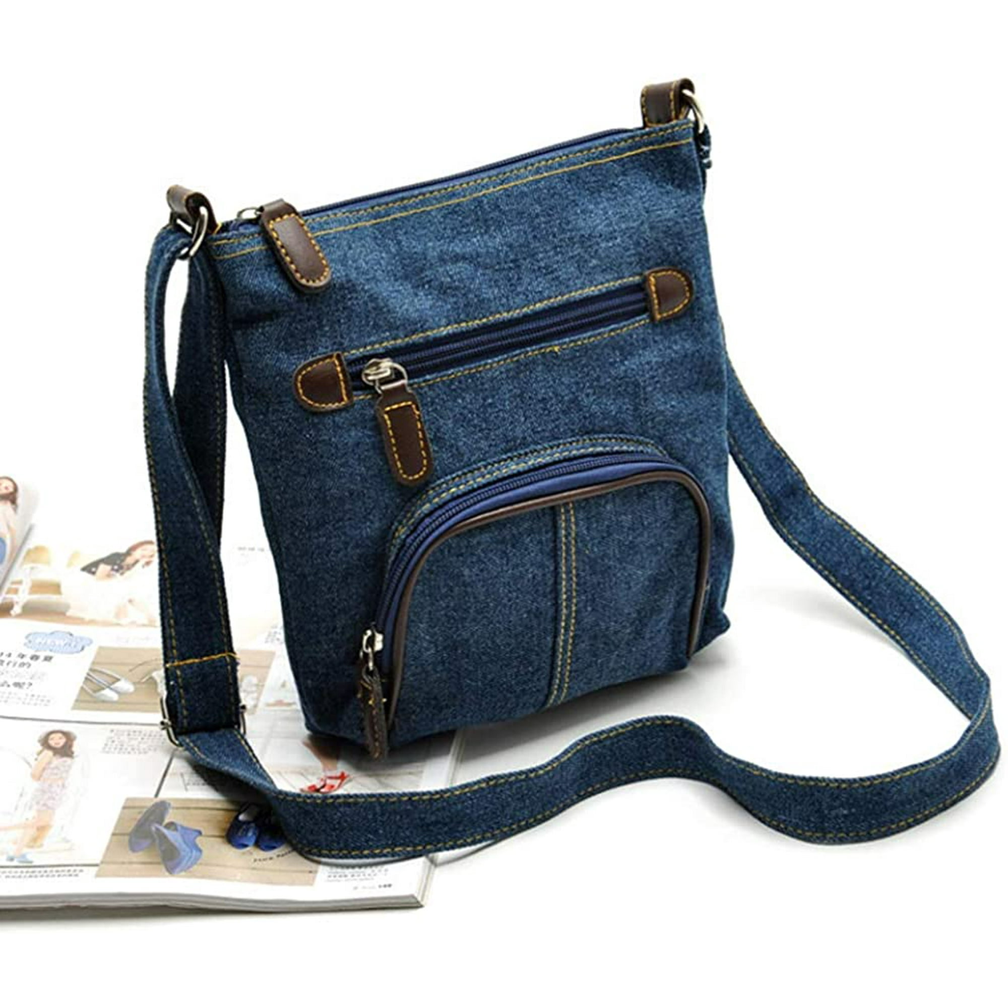 Floblming Denim Crossbody Bag Purse Adjustable Strap Shoulder Bag Casual Front Pocket Handbag For Women Blue