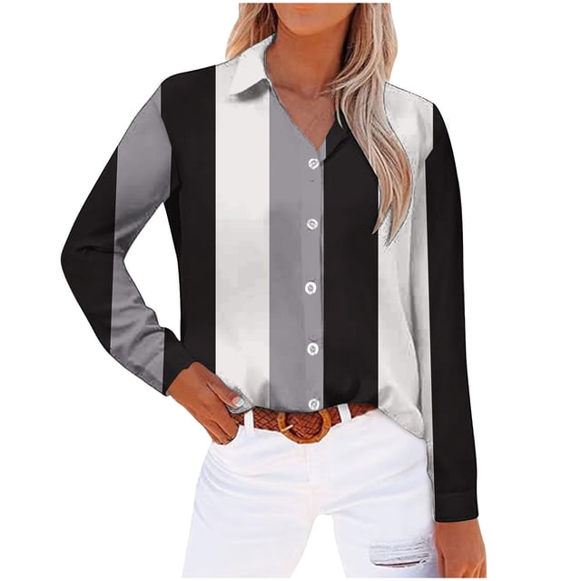 cfhntfmh Womens Color Block Shirts Soft Collared Long Sleeve Loose Buttons down Blouses Casual Fall Tunic Tops