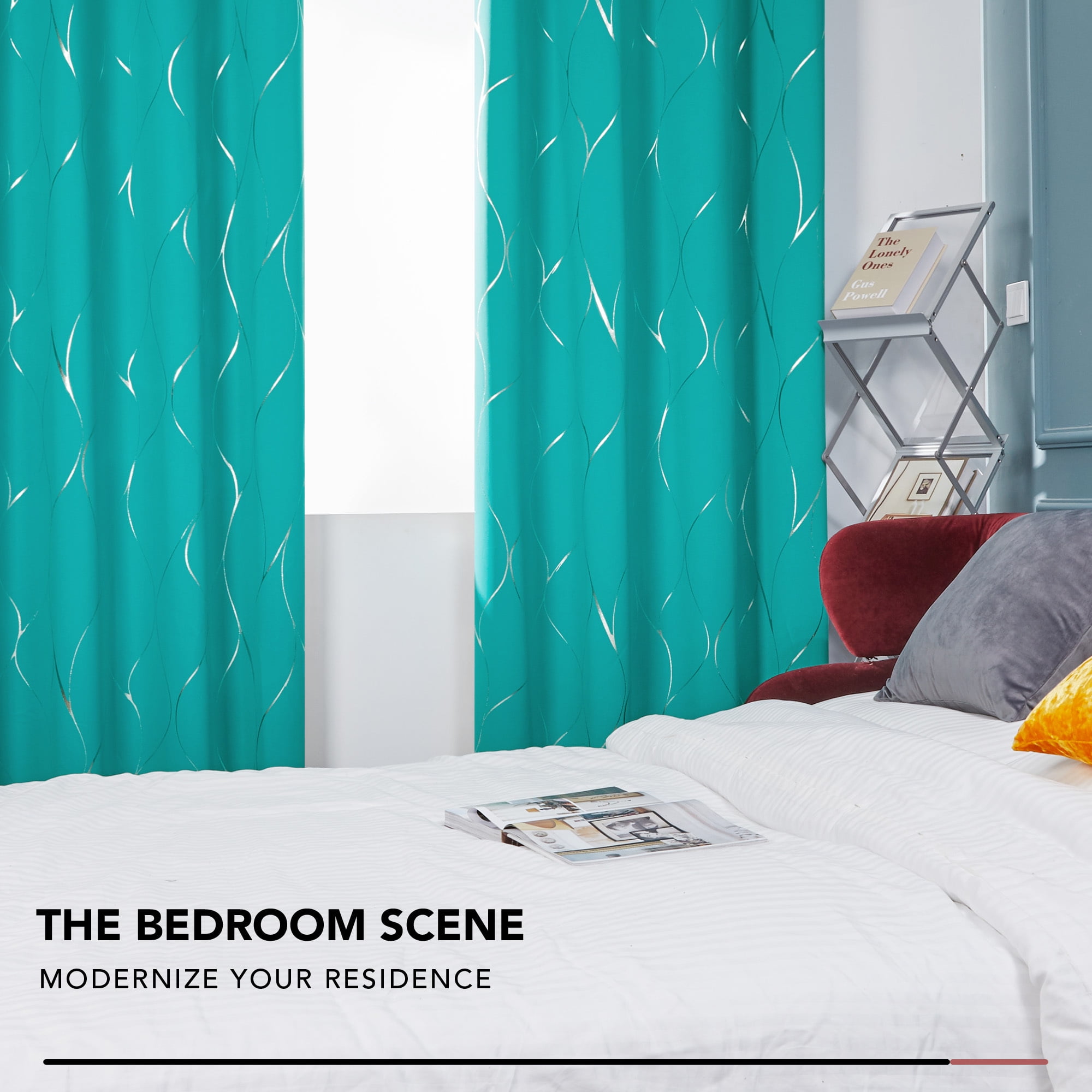 Deconovo Blackout Curtains, Silver Wave Line Print, Peacock Blue, 52W x 96L Inch, Noise Reducing, Privacy Drapes for Bedroom, 2 Panels
