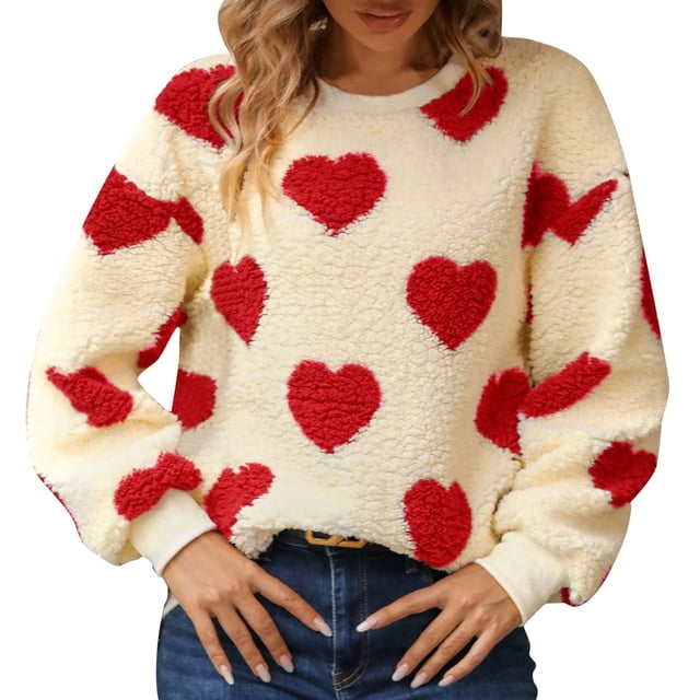 2DXuixsh Chandail à Capuche pour Femmes, Chandail d'Hiver en Peluche Imprimée, Manches Longues, Col Rond, Confortable, Rouge Taille TTG