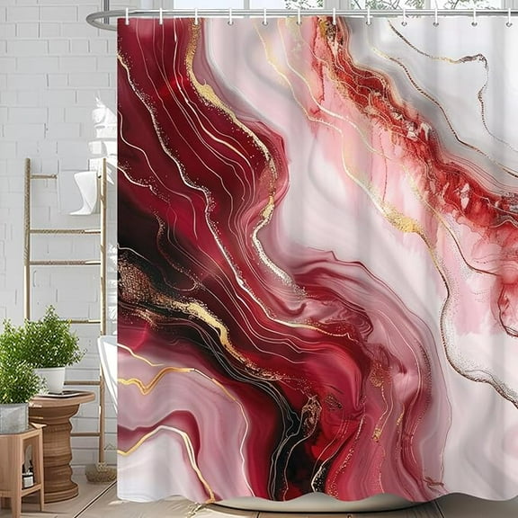 Claret Red Gold Crack Marble Abstract Shower Curtain Modern Ombre Printed Bath Curtain Waterproof Washable Fabric Bathroom Bathtub Decor Shower Curtain Set With Hooks 48"W x 72"L