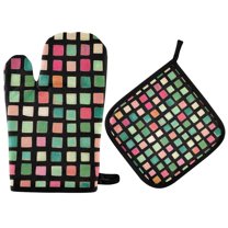 Yayeee Oven Mitts and Pot Holder Set of 2 Heat Resistant Kitchen Gloves Baking Hot Pad, Green Block Pattern