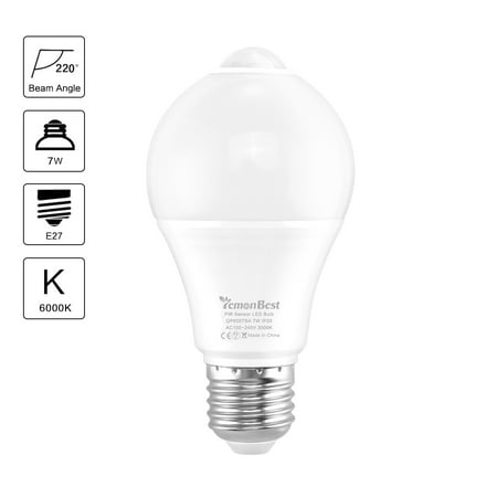 

7W PIR Motion Sensor E27 LED Light Bulb Auto ON/OFF At Night for Porch Hallway Patio Garage 6000K AC 100-240V