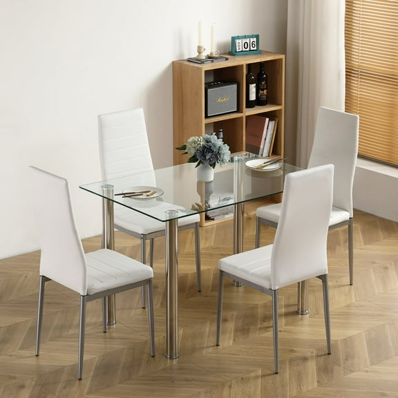 THOWDEE Glass PU Leather Dining Table Set, White