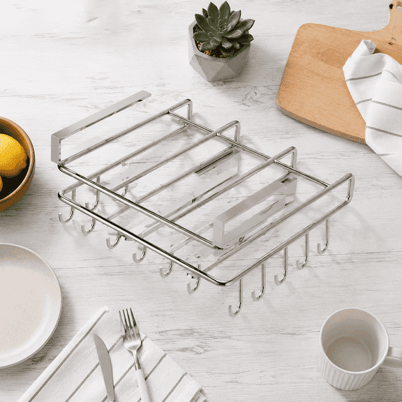 Under Cabinet Mug Holder, 10-Hook Stainless Steel Cup Organizer Rack, 10.5 x 10.1 In