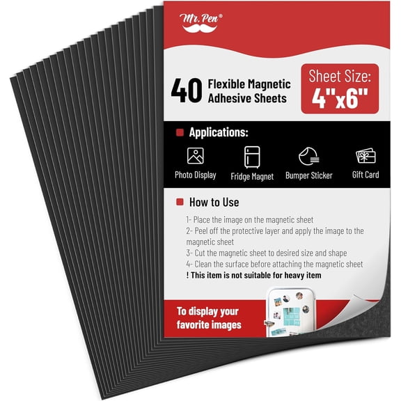 Mr. Pen- Adhesive Magnetic Sheets, 4" x 6", 40 Pack, Magnetic Sheets with Adhesive Backing