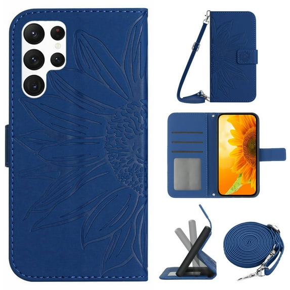 for Samsung Galaxy S23 Ultra Case with Adjustable Crossbody Strap, Wallet Case Flip Case PU Leather Embossed Flowers Folio Magnetic Kickstand Cover Card Slots for Samsung Galaxy S23 Ultra, Darkblue