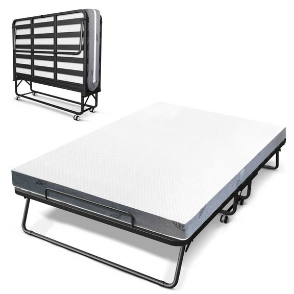 75" x 46" Folding Bed with Mattress for Adults, 5 Inch Memory Foam Mattress, Portable Foldable Rollaway Guest with Strong Metal & Wood Frame, Side Pocket