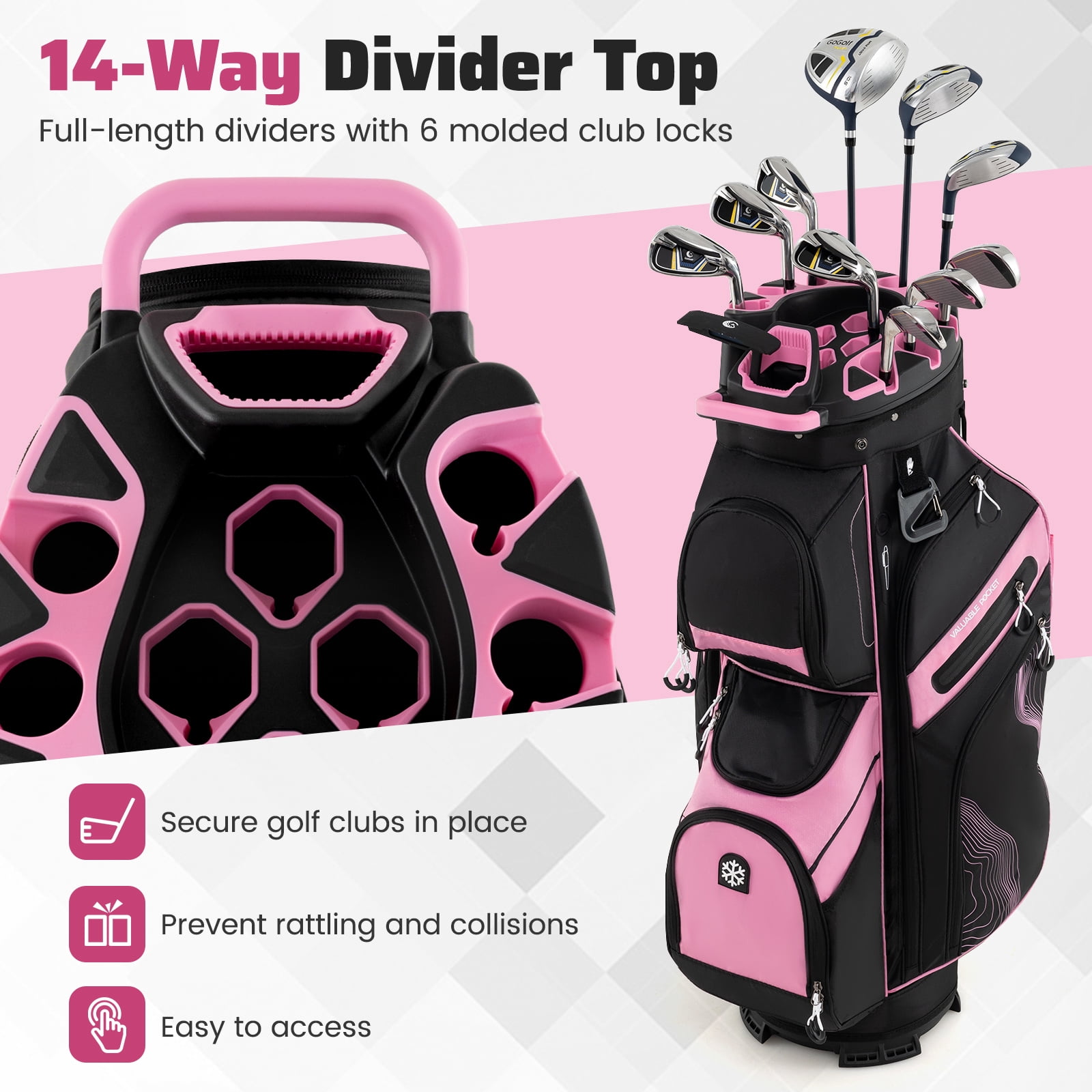 Gymax Golf Cart Bag Molded Lock Top Golf Bag w/14-Way Full Length Dividers 11 Pockets Pink