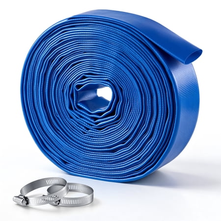 VEVOR Discharge Hose 1-1/2" x 50 ft PVC Lay Flat Backwash Water Pump Hose, for Swimming Pool Sand Filter & Sump Pump, Heavy Duty, Water Transfer Drainage, Weather & Burst-Resistant, with Clamps, Blue
