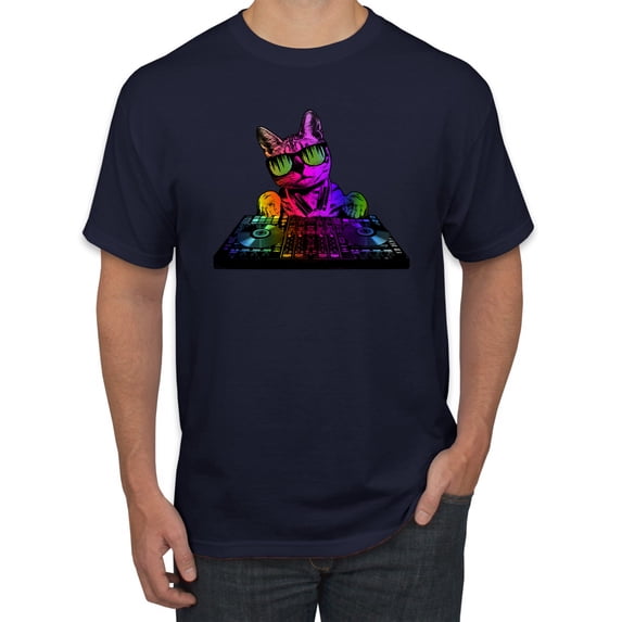 Neon Retro Rainbow DJ MC Hip Hop Cat | Mens Cat Lover Graphic T-Shirt, Navy, 3XL