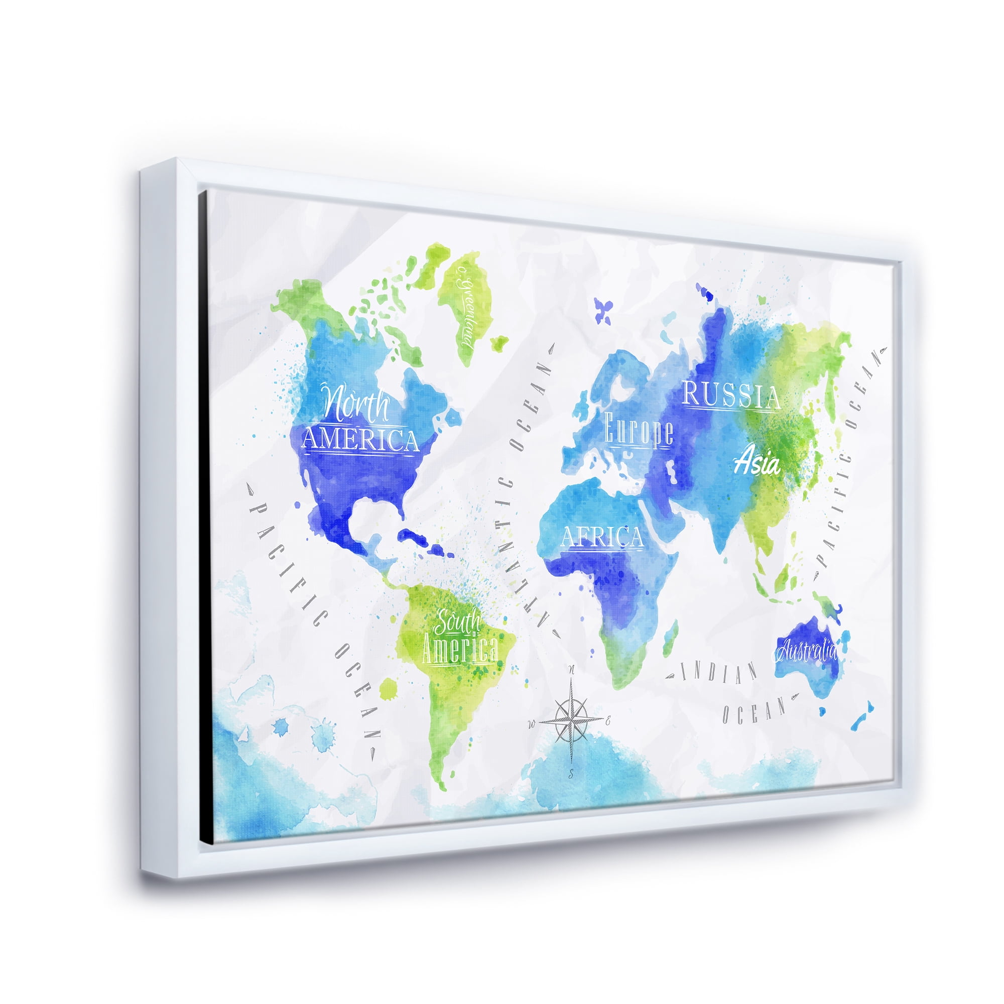 Designart 'World Map In Blue and Green' Modern Framed Canvas Wall Art Print