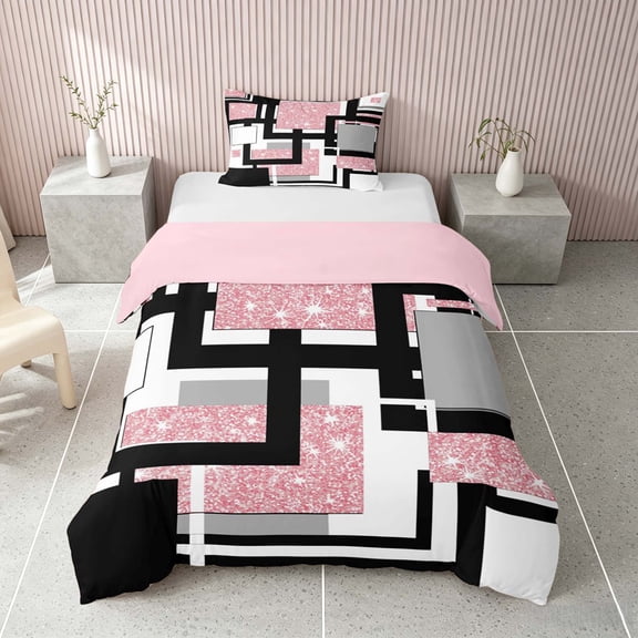 Homewish Modern Geometric Twin Duvet Cover, Pink White Black Twin Bedding, Pink Reversible, 2 Pieces 1 Duvet Cover and 1 Pillowcase