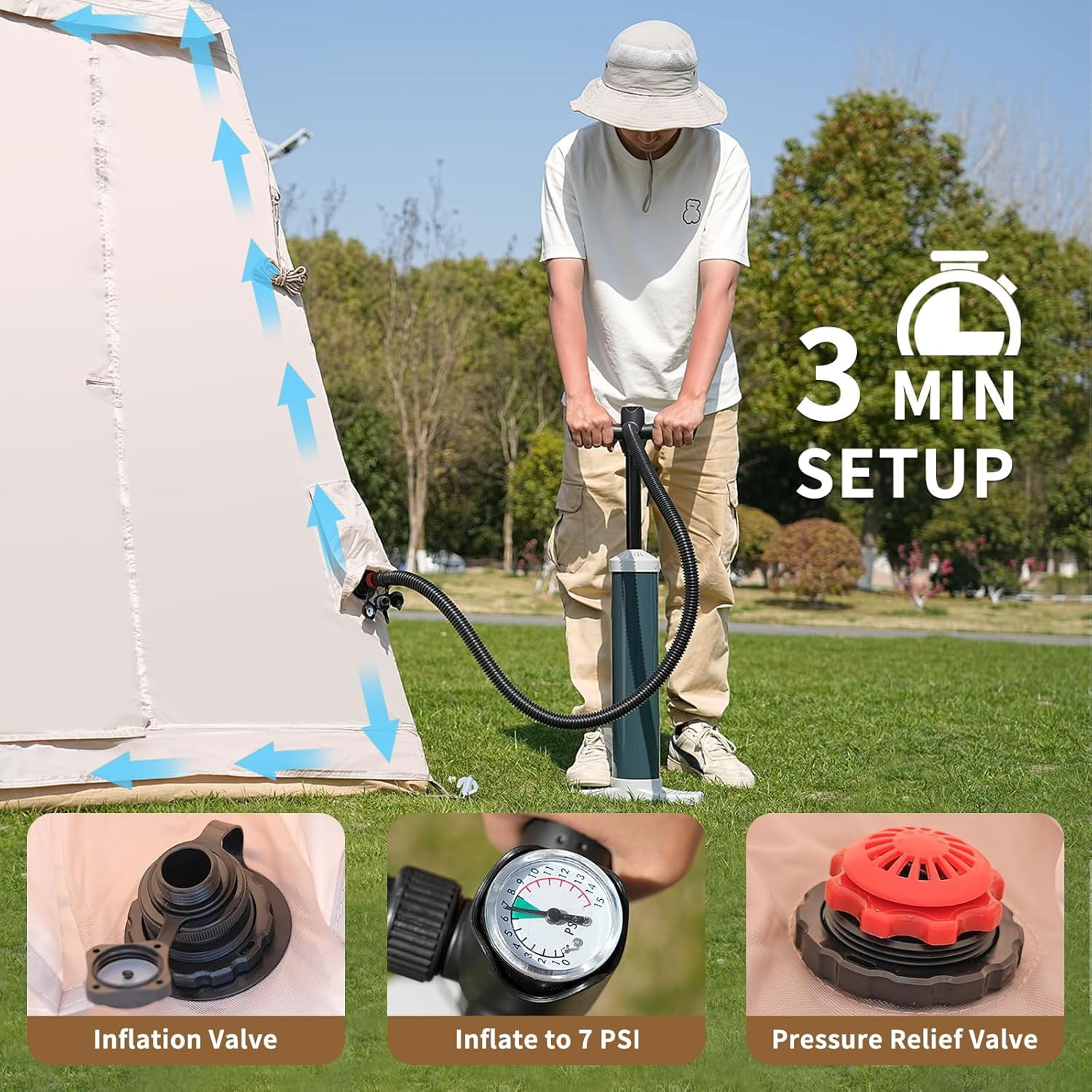 Zikebtuy 2/6/8 Person Inflatable Camping Tent, Easy Setup Blow Up Air Tent with Hand Pump, Waterproof 4-Season Glamping Tent with Large Mesh Windows & Oversized Canopy for Couples, Group & Family