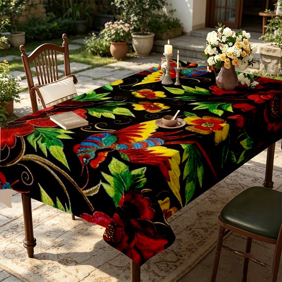Dark Crimson Bloom & Leaf Full Coverage Pattern Table Cover,35x55/55x55/55x70/60x86/60x94/60x102 inch,Polyester,Kitchen Dining Living Room Home Decor