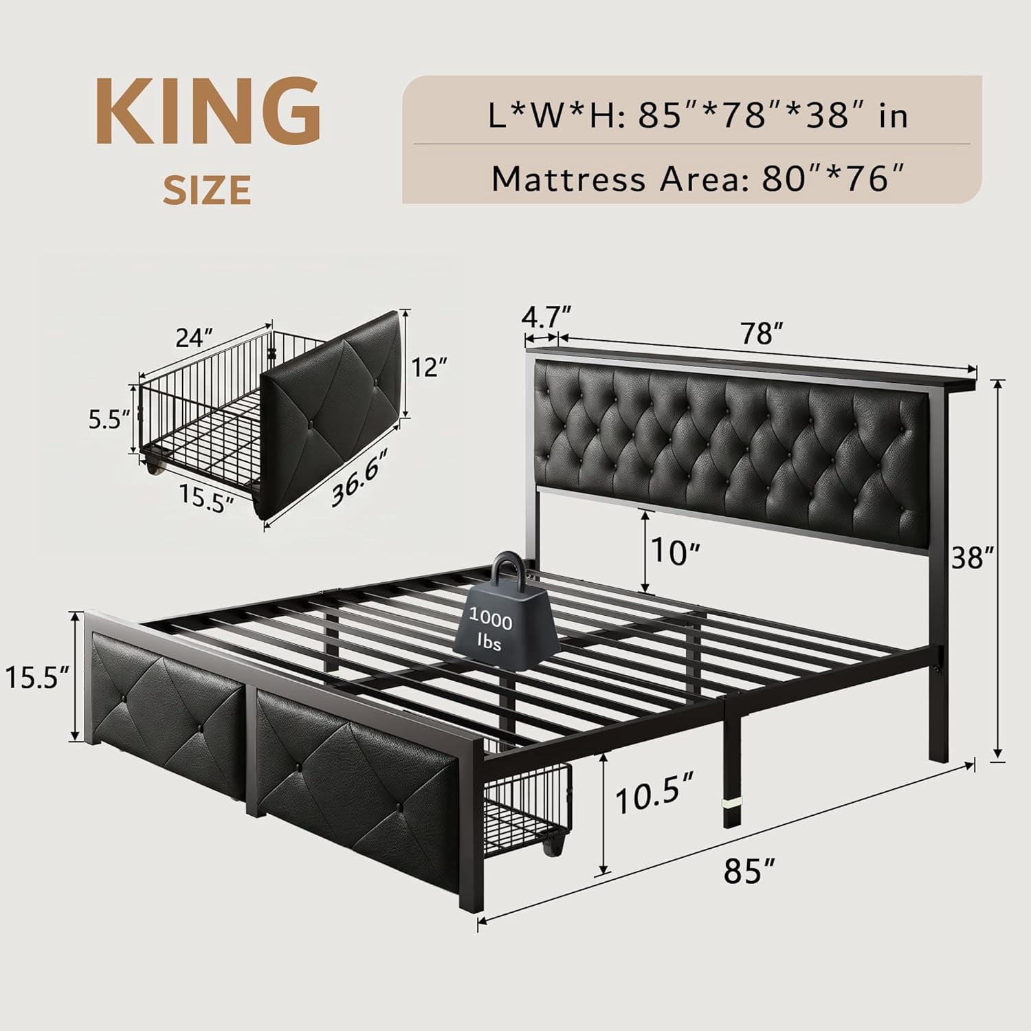 Honfach King Bed Frame with Storage Drawers, PU Leather Upholstered Platform Bed Frame with Charging Station, No Box Spring Needed, Heavy-Duty Metal Slats Support, Noise-Free, Easy Assembly, Black