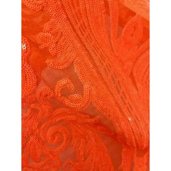 Decorative Silk INc Damask Design Embroidered on Mesh Lace Fabric by The Yard (Orange)