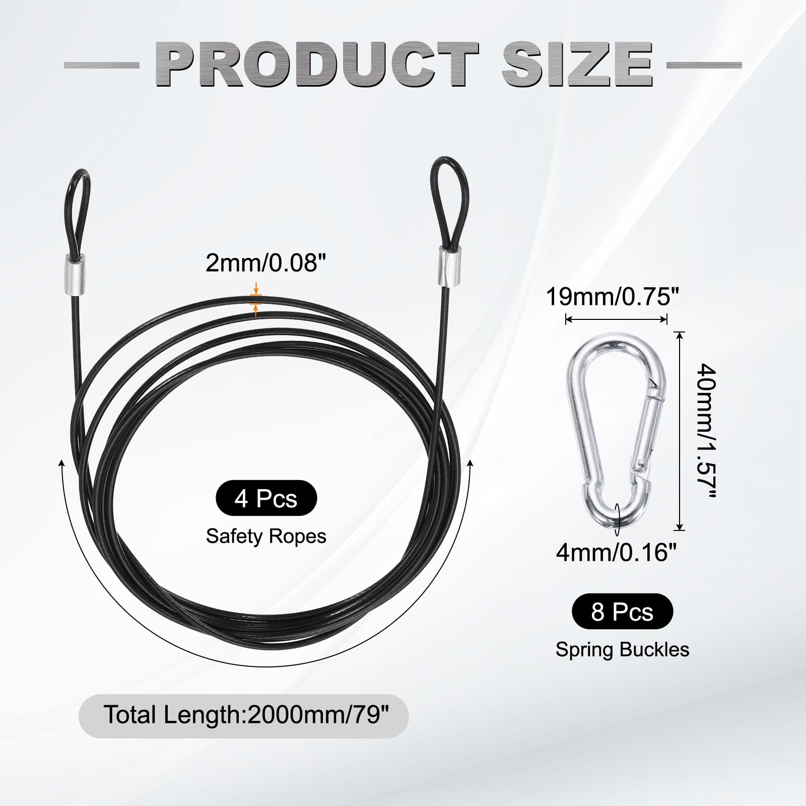 Uxcell 79 Inch Safety Cable Lock, 4 Pcs 304 Stainless Steel Security Wire Ropes Double Loop Anti-Theft Safety with 8 Spring Buckles for Bicycles Luggage Stage Lighting, Black